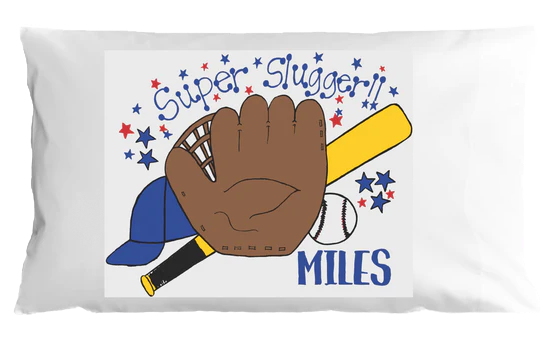 Personalized pillowcase with a baseball glove, bat, and cap design on a white background.