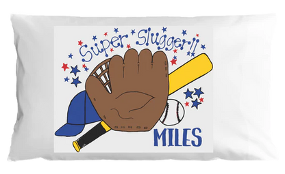 Personalized pillowcase with a baseball glove, bat, and cap design on a white background.