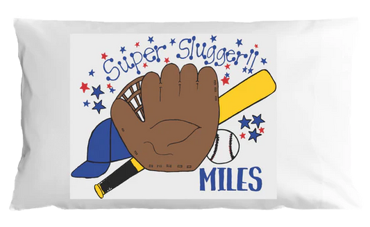 Personalized pillowcase with a baseball glove, bat, and cap design on a white background.