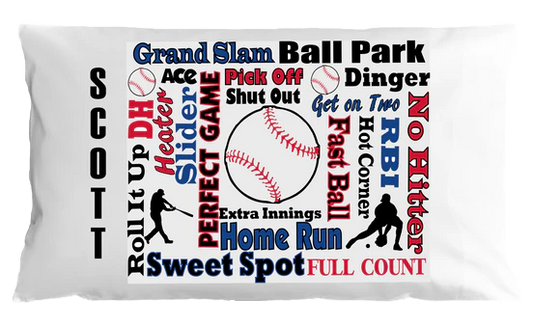 Baseball-themed pillowcase with various baseball-related words and graphics on a white background.