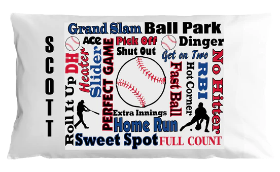Baseball-themed pillowcase with various baseball-related words and graphics on a white background.