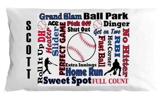 Baseball-themed pillowcase with various baseball-related words and graphics on a white background.