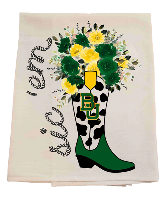 Floral design with a green boot and 'BU' logo on a white background