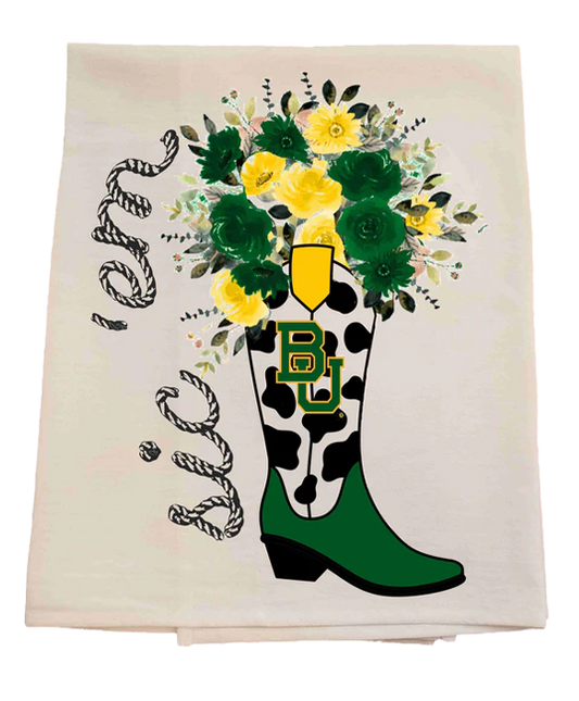 Floral design with a green boot and 'BU' logo on a white background