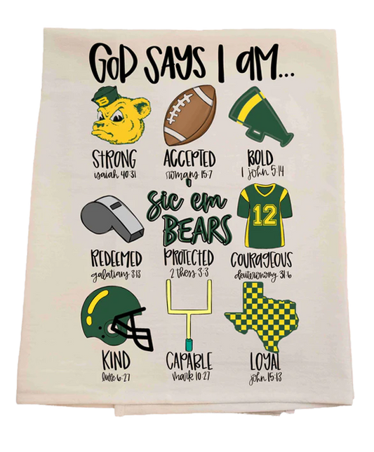 Decorative towel with Baylor sports-themed graphics and text on a white background