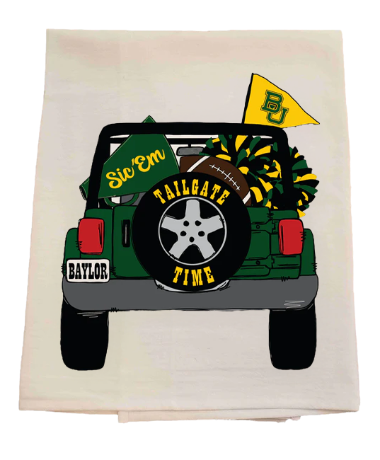 Tea towel with a graphic of a green jeep, Baylor flags, and 'Tailgate Time' text on a white background.