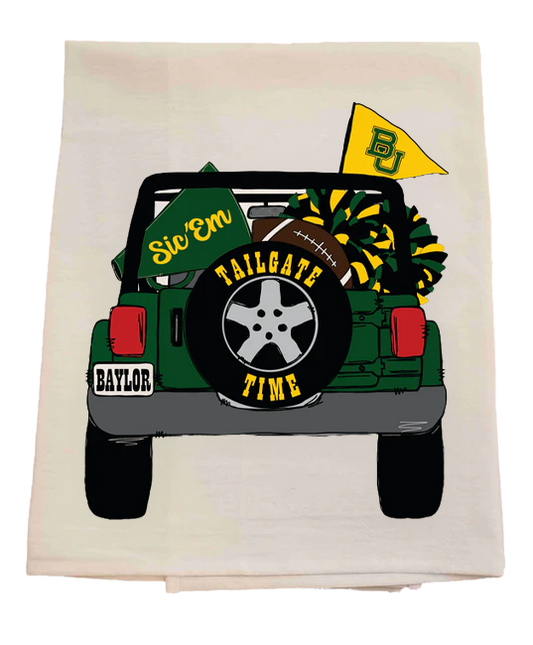 Tea towel with a graphic of a green jeep, Baylor flags, and 'Tailgate Time' text on a white background.