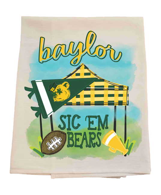 Decorative towel with 'baylor' text and sports-themed graphics on a white background