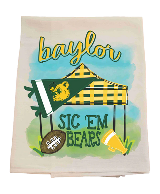 Decorative towel with 'baylor' text and sports-themed graphics on a white background