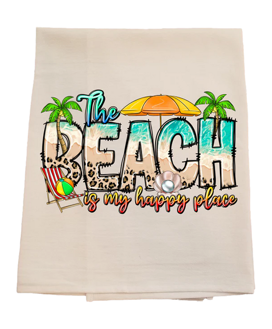 Beach-themed towel with 'The Beach is my happy place' text and beach elements.