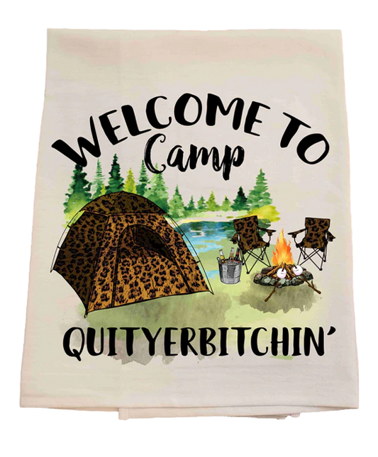 Camping-themed towel with leopard print tent, chairs by a campfire, and text 'Welcome to Camp Quityerbitchin'.