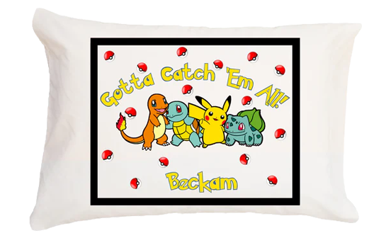 Pillow with cartoon characters and text 'Gotta Catch Em All! Beckam' on a white background