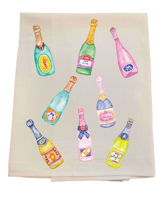 Tea towel with colorful champagne bottle illustrations on a white background
