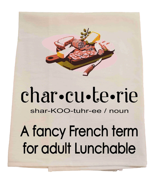 Tea towel with charcuterie illustration and definition on a white background