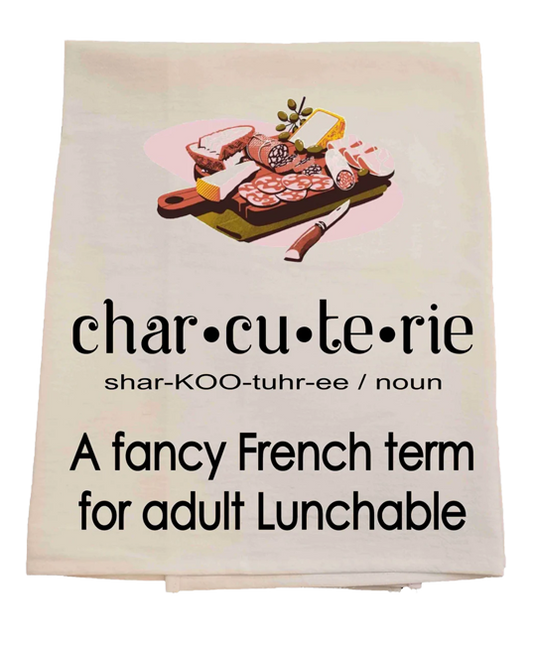 Tea towel with charcuterie illustration and definition on a white background