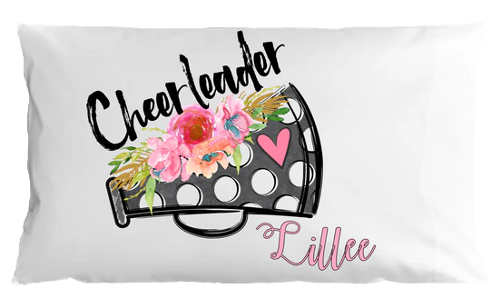 Pillow case with 'Cheerleader' design featuring flowers and polka dots, personalized with 'Lilliee'.