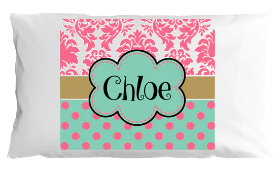 Personalized pillowcase with pink and teal design and name 'Chloe'.