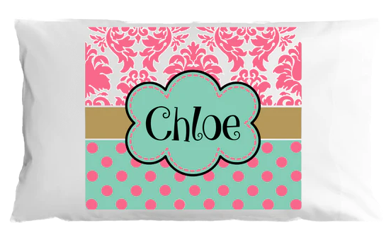 Personalized pillowcase with pink and green pattern and name 'Chloe'