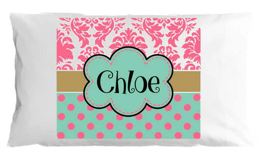 Personalized pillowcase with pink and green pattern and name 'Chloe'