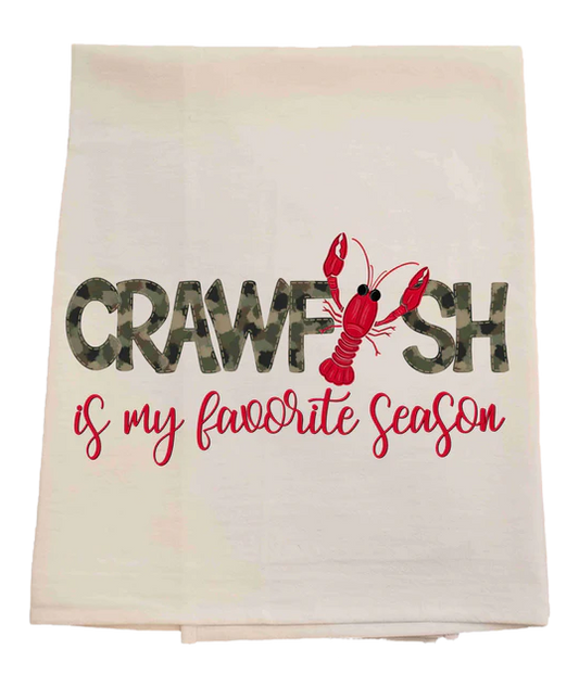 Towel with 'Crawfish is my favorite season' text and red crawfish graphic on a gradient background