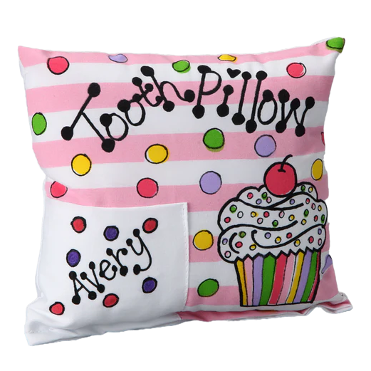 Colorful pillow with cupcake design and text on a white background