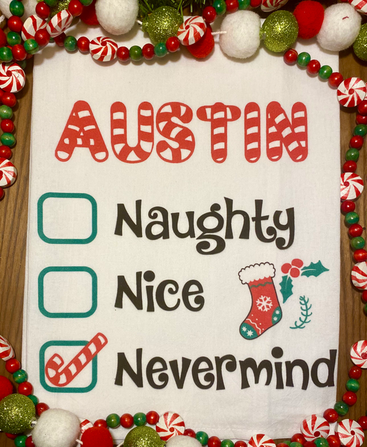 Naughty or Nice Tea Towel w/ Custom Name image 0