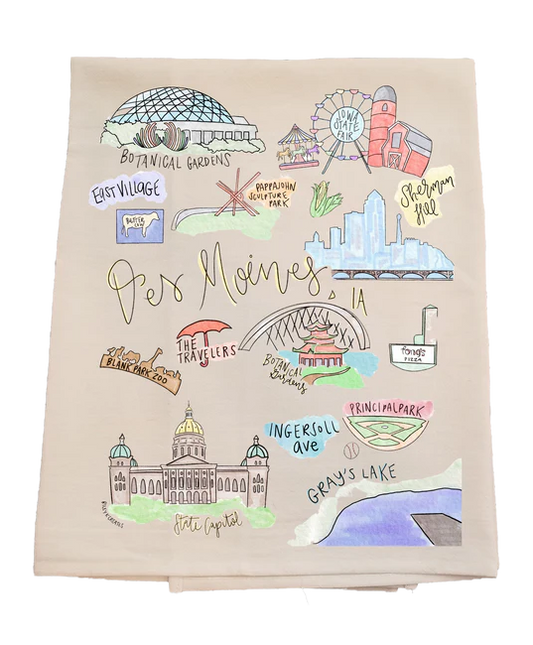 Beige towel with colorful illustrations of Des Moines IOWA landmarks and attractions