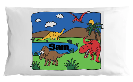 Pillowcase with dinosaur design and name 'Sam' on a white background