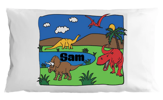 Pillowcase with dinosaur design and name 'Sam' on a white background