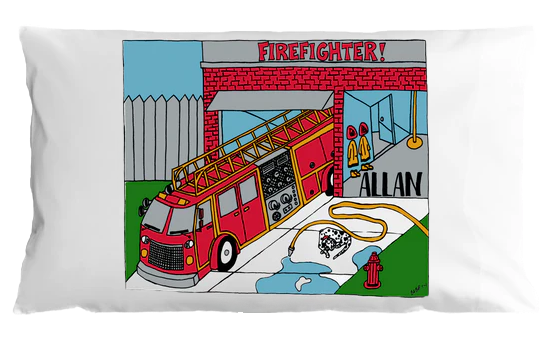 Pillowcase with a cartoon fire truck and fire station design on a white background
