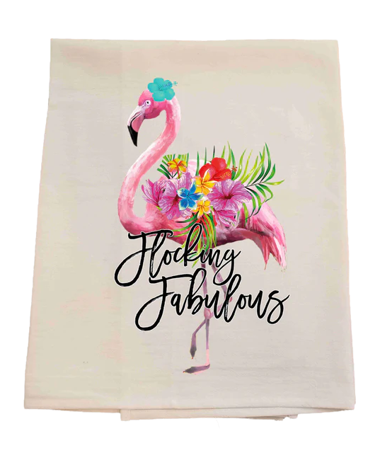 Floral towel with a flamingo design and 'Flocking Fabulous' text on a white background