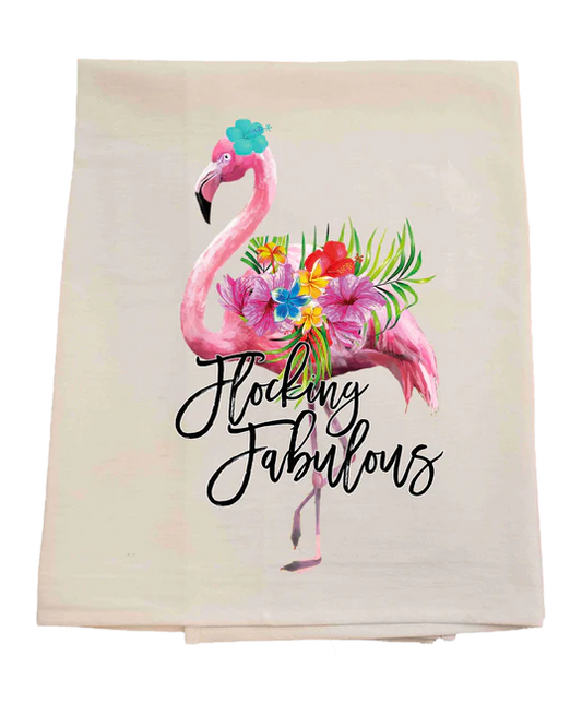 Floral towel with a flamingo design and 'Flocking Fabulous' text on a white background