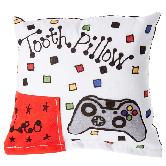 Decorative pillow with 'Tooth Pillow' text and gaming controller design on a white background