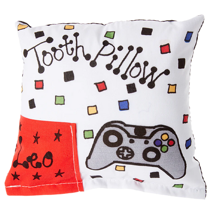 Decorative pillow with 'Tooth Pillow' text and gaming controller design on a white background