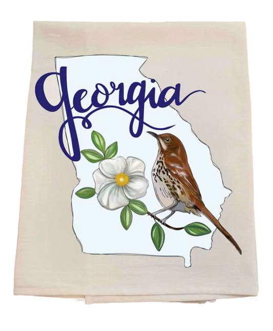 Georgia-themed towel with a bird and flower design on a white background