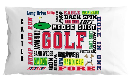 Golf-themed pillowcase with various golf-related words and terms.