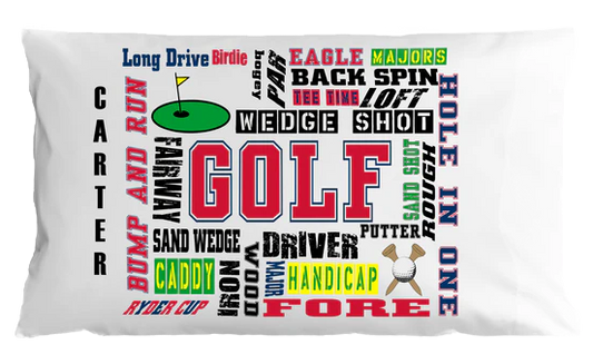 Golf-themed pillowcase with various golf-related words and terms.