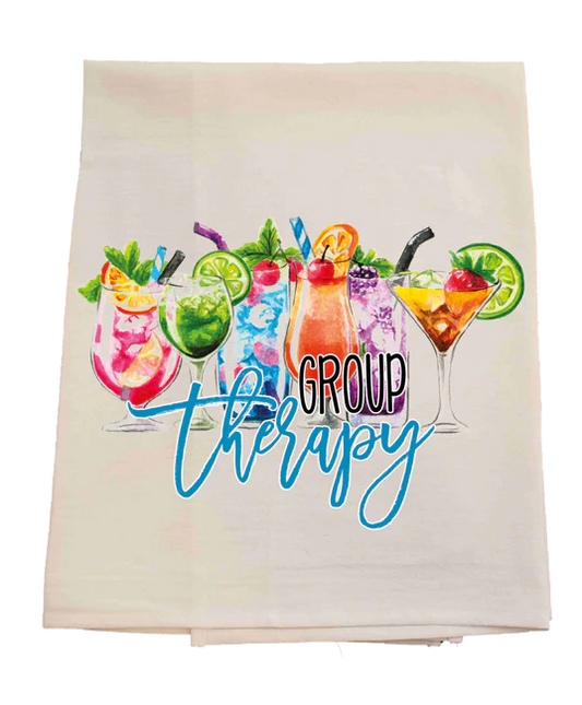 Tea towel with colorful cocktails and 'Group Therapy' text on a white background
