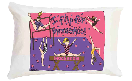 Decorative pillow with gymnastics-themed design and text on a white background