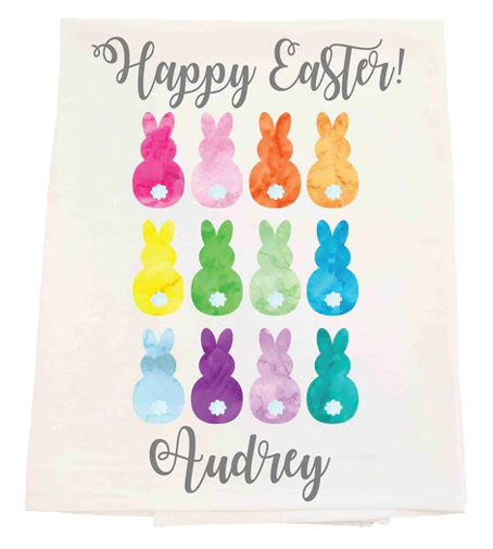 Colorful Easter bunny-themed towel with 'Happy Easter!' and 'Audrey' text on a white background