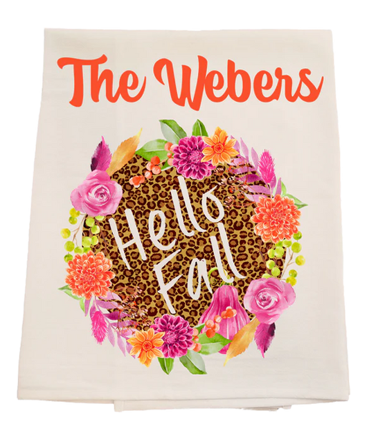 Floral-themed towel with 'The Webers' and 'Hello Fall' text on a white background