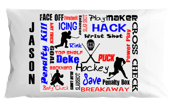 Hockey-themed pillow case with various terms and graphics on a white background