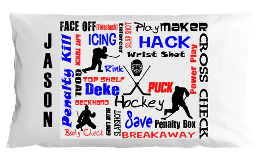 Hockey-themed pillow case with various terms and graphics on a white background
