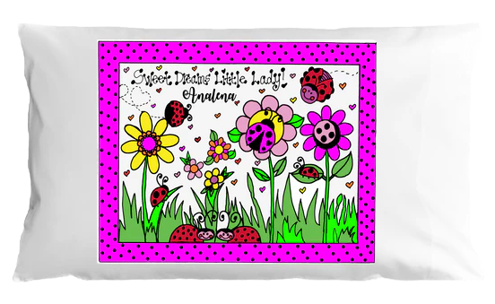 Decorative pillow with colorful ladybug and flower design on a white background