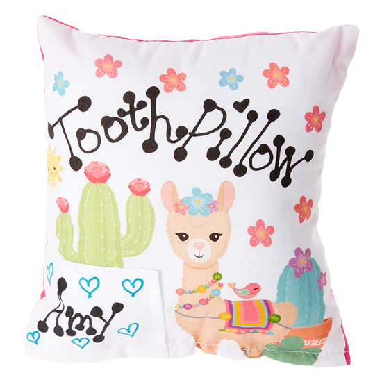 Decorative pillow with a llama, cactus, and flowers on a white background