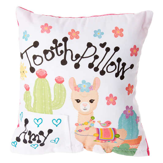 Decorative pillow with a llama, cactus, and flowers on a white background