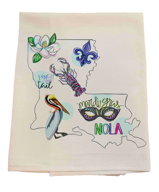 Decorative towel with Mardi Gras-themed designs on a white background