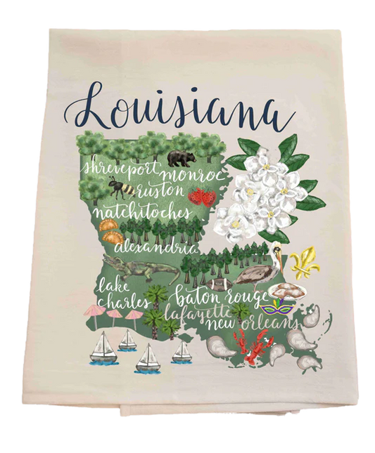 Decorative towel with a map of Louisiana featuring various elements and cities.