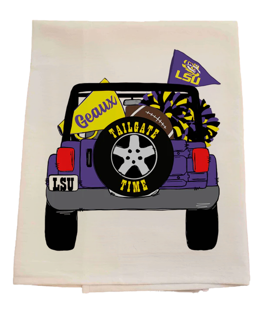 Tea towel with LSU-themed design featuring a cartoon car, football, and flags on a white background.