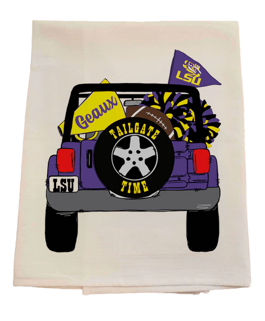 Tea towel with LSU-themed design featuring a cartoon car, football, and flags on a white background.